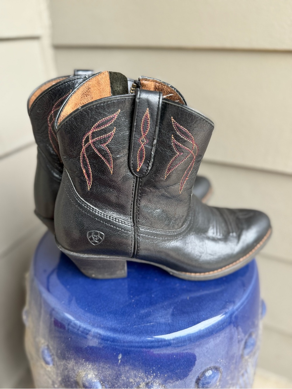 Ariat Black Leather Western Ankle Boots with Red Stitching